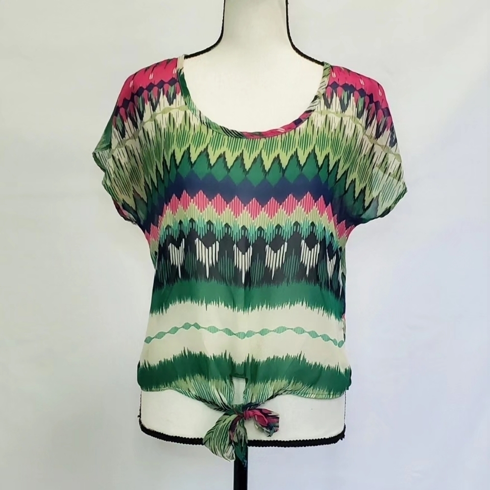 Blu Pepper Multicolor Semi-Sheer Short Sleeve Tie Front Crop Top